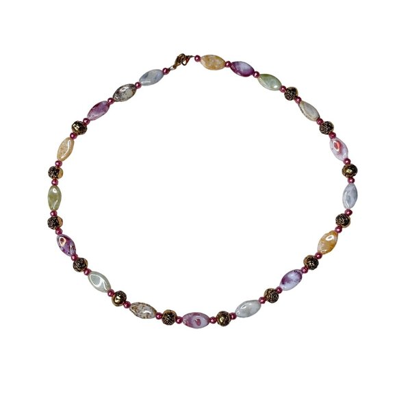 Pebble Chain Necklace Gold Tone Rose Accents Pink Stones Women Handcrafted  u Je - Picture 1 of 4